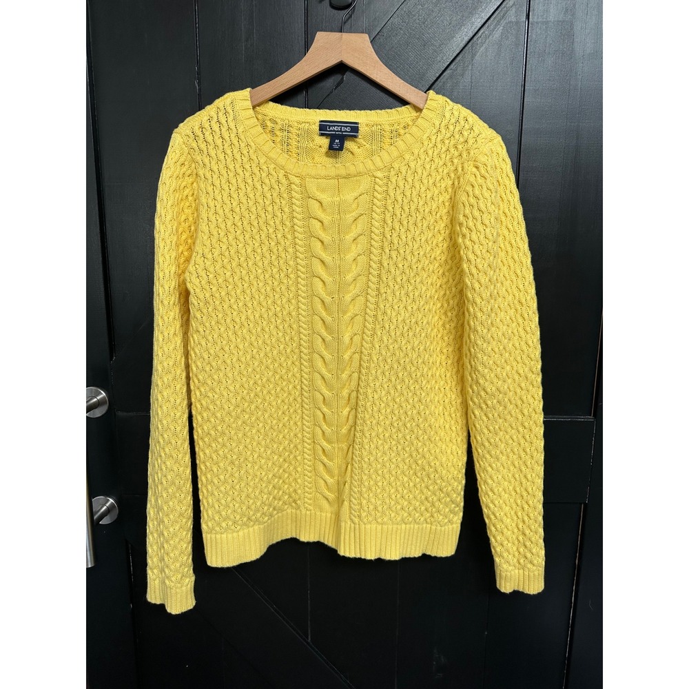 Lands End Drifter Yellow Cable Knit Cotton Crew Neck Sweater Size Medium 10-12